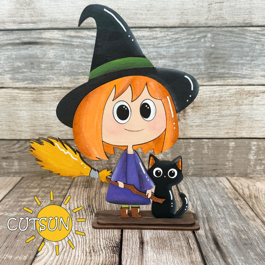 Cute witch with broom and black cat shelf sitter SVG – Halloween laser cut design for fall shelf decor