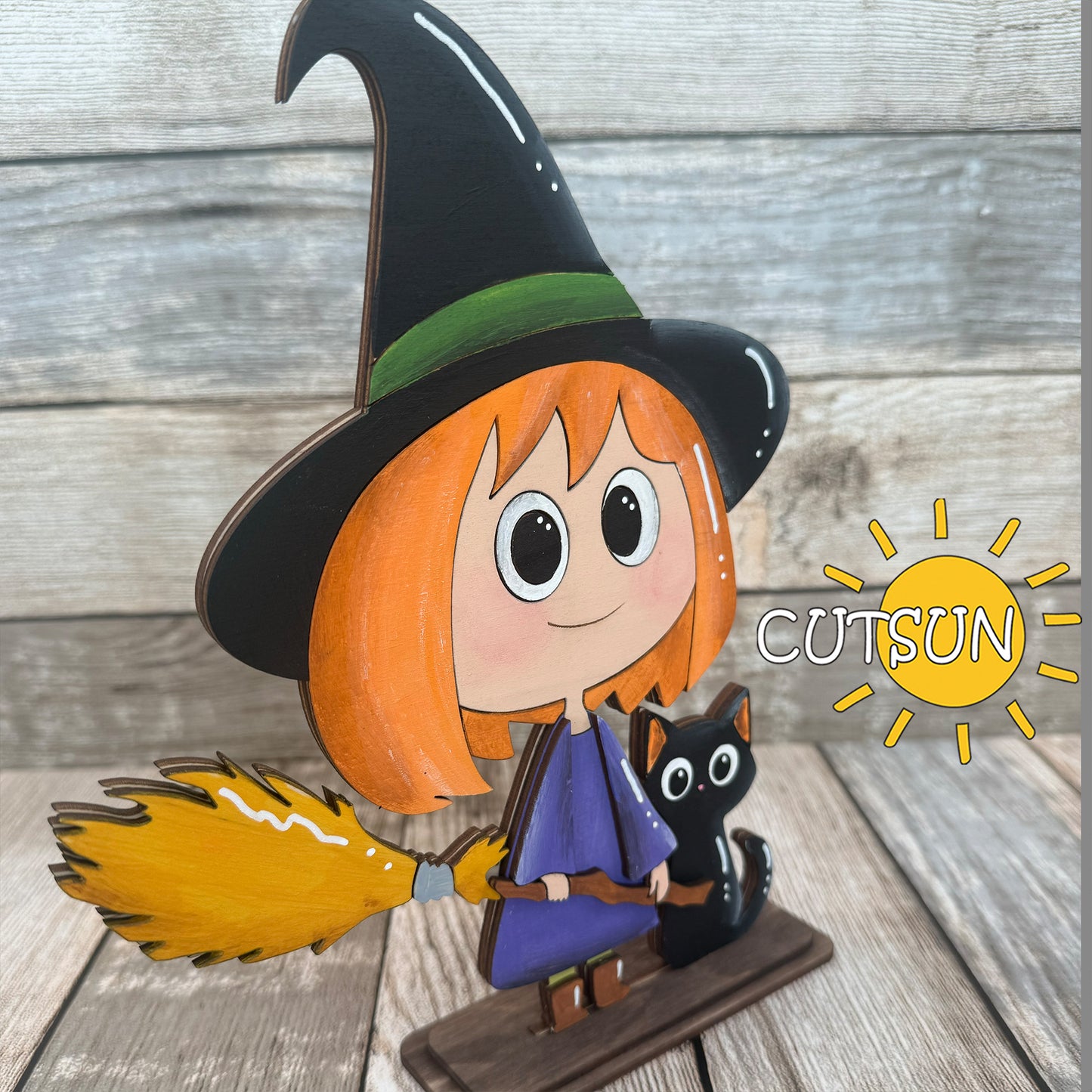 Witch with Cat Shelf Sitter SVG – Cute Halloween Shelf Decor Laser Cut File