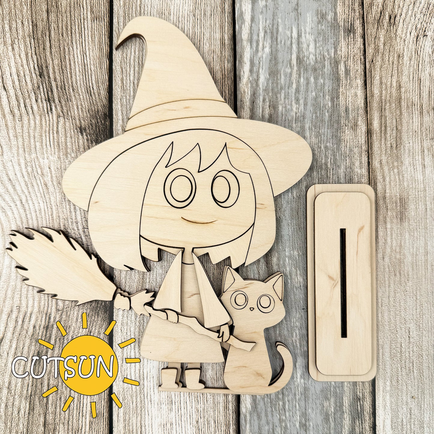 Witch with Cat Shelf Sitter SVG – Cute Halloween Shelf Decor Laser Cut File