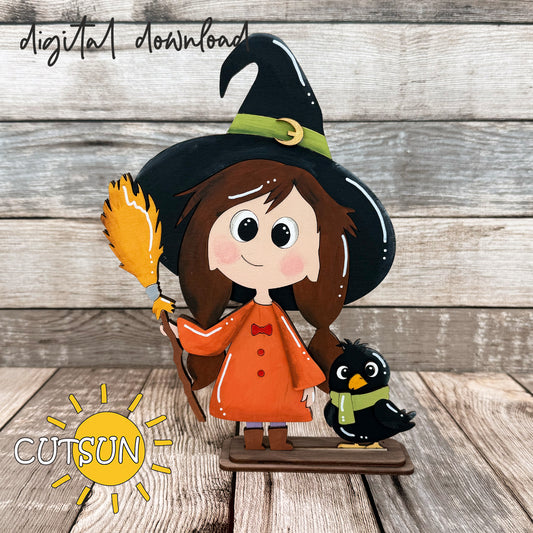 Cute Witch with Crow Shelf Sitter SVG for Halloween – layered laser cut file for seasonal shelf or mantel décor