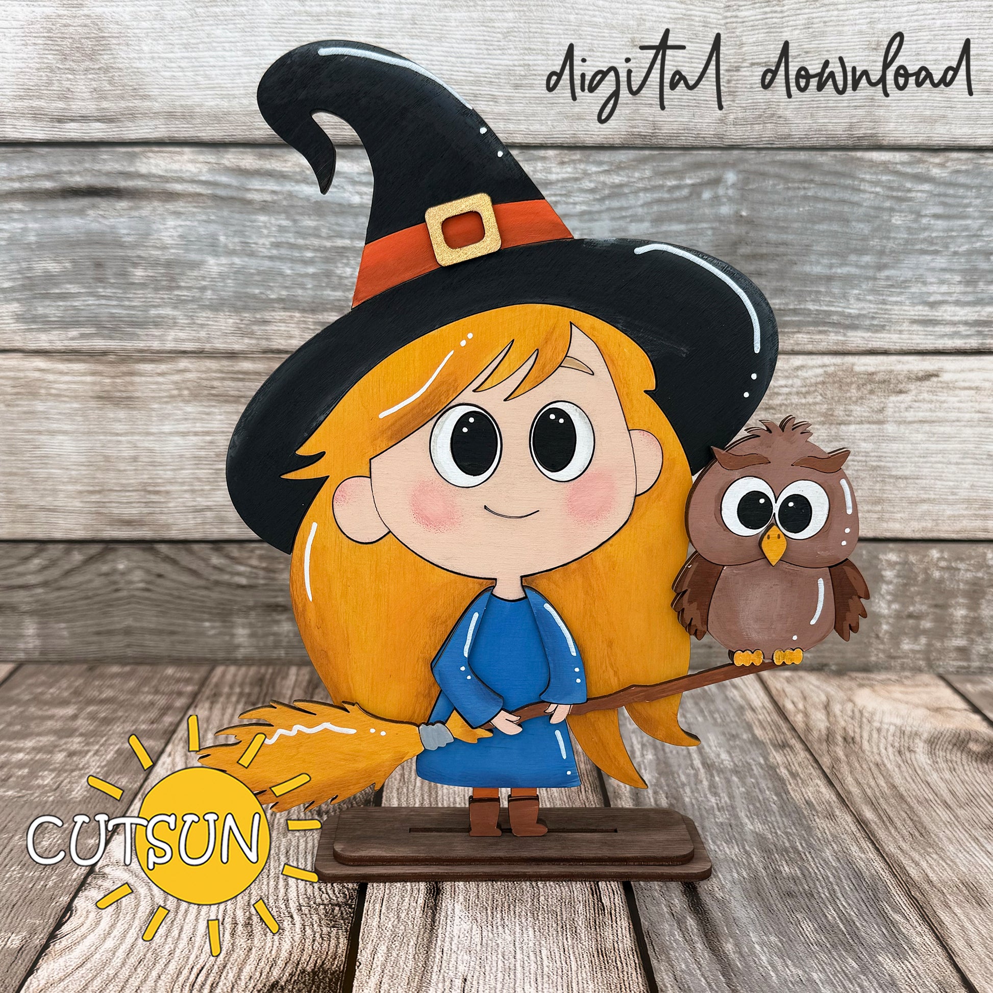 Cute Witch with Owl Shelf Sitter SVG for Halloween – layered laser cut file for mantel or shelf décor