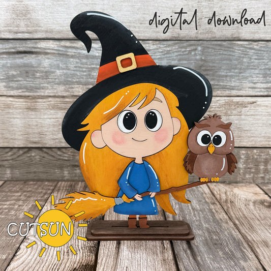 Cute Witch with Owl Shelf Sitter SVG for Halloween – layered laser cut file for mantel or shelf décor