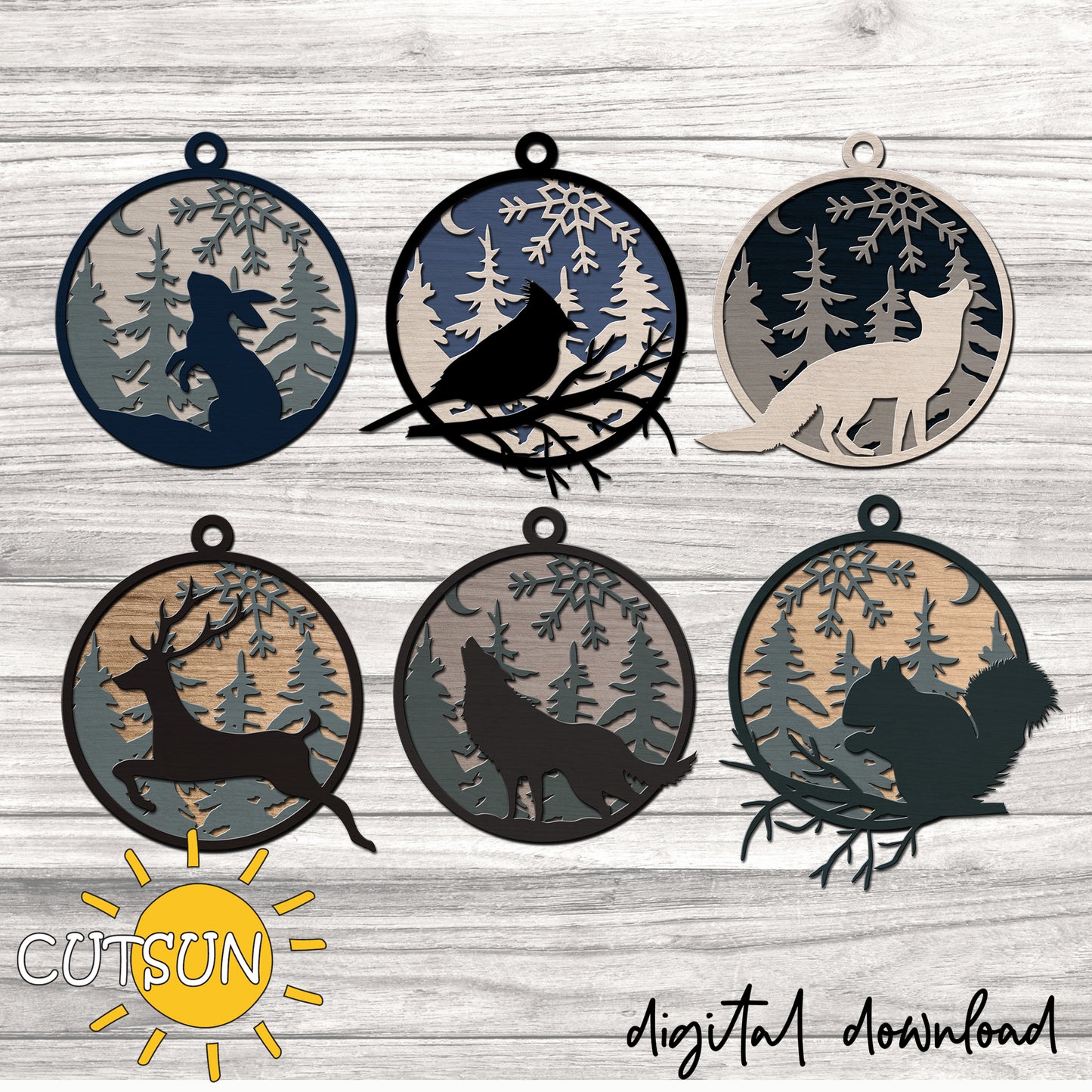 Set of six animal silhouettes in circular frames on a wooden background with 'CUTSUN' branding.