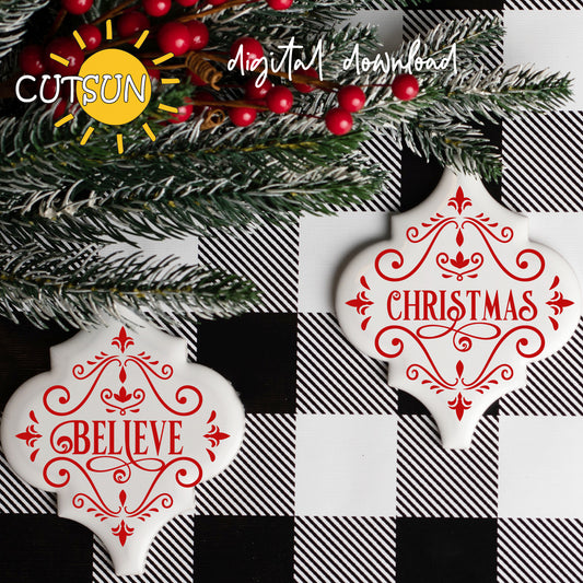 Decorative Christmas ornaments with 'Believe' and 'Christmas' text on a black and white checkered background.