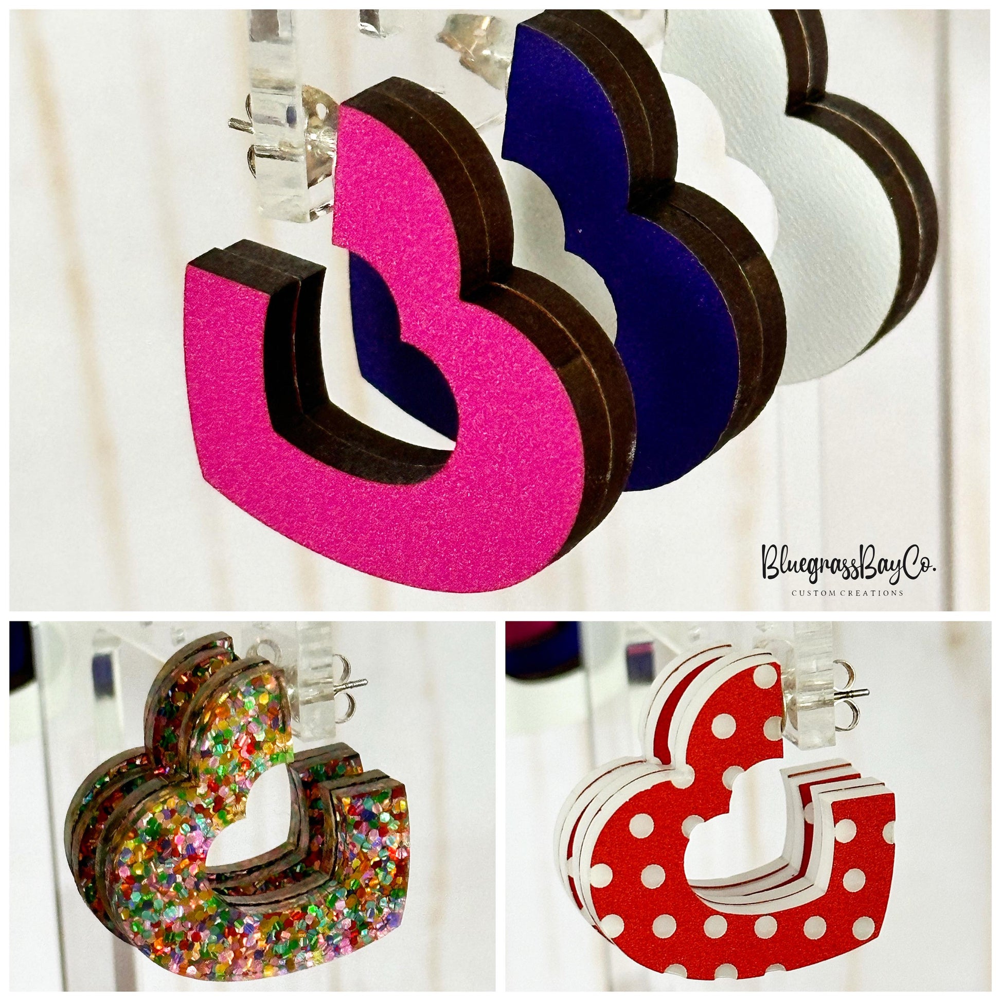 Collage of colorful letter-shaped earrings with 'Bluegrass Bay Co.' branding.