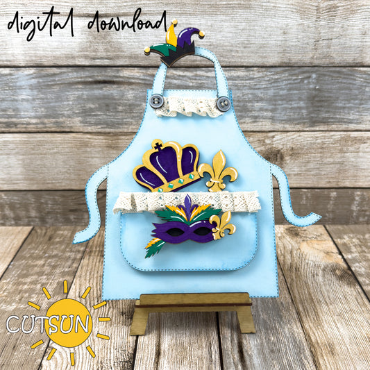 Mardi Gras SVG add-on with jester hat, mask, and fleur-de-lis for apron shelf sitter – laser cut design