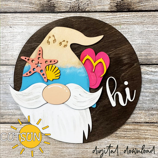 A digital door hanger featuring a round shape with a whimsical gnome design, decorated with a beach-themed hat including a starfish, sea shells, and a sun.