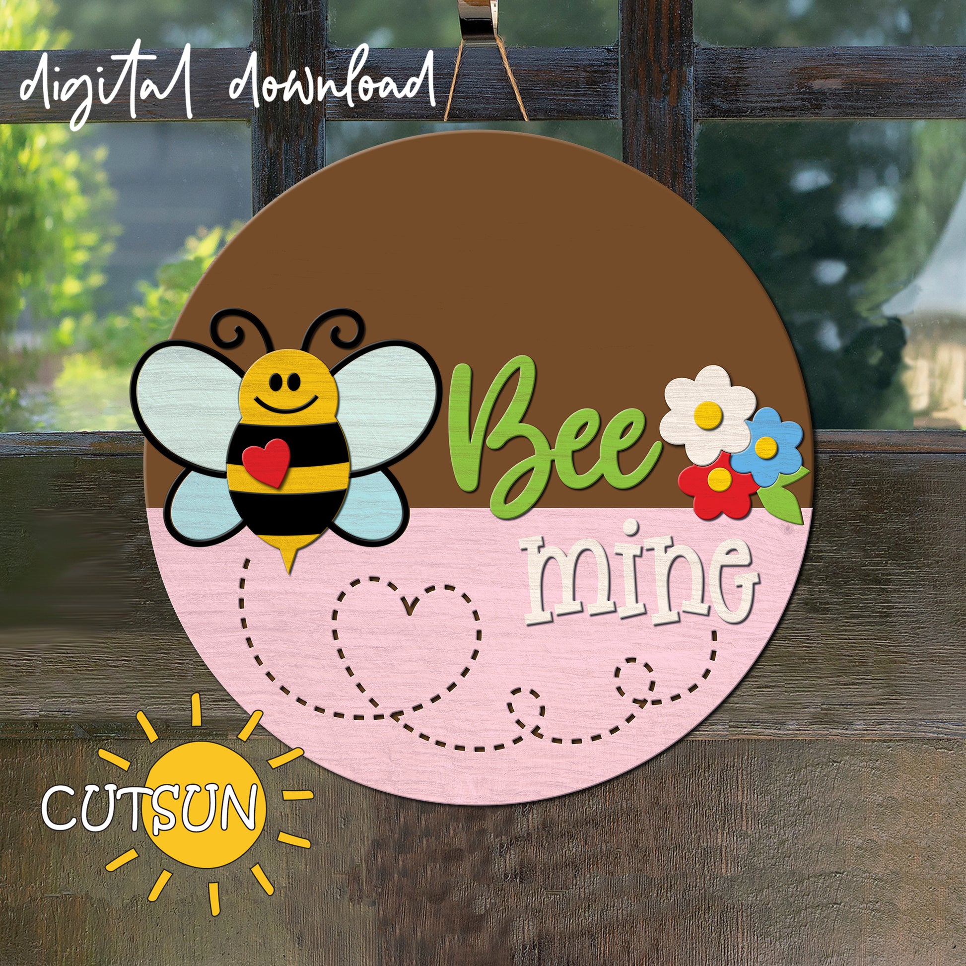 Digital download for a door hanger featuring a cute bee, flowers and the text Bee mine