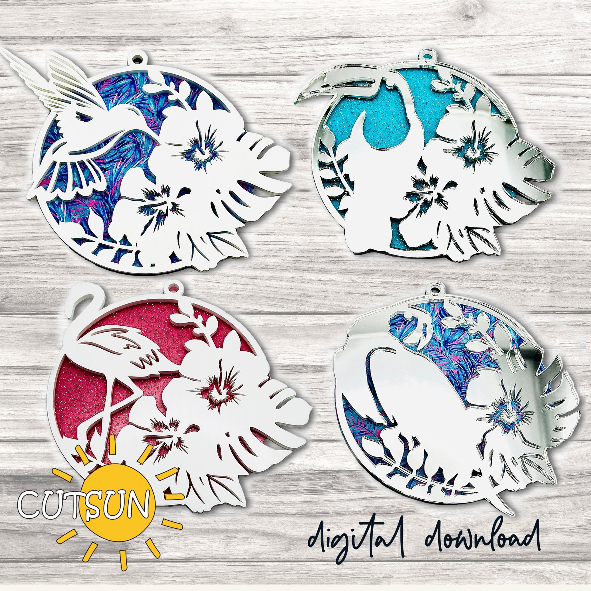 Four decorative cutout designs of birds and flowers on a wooden surface with 'CUTSUN' branding.