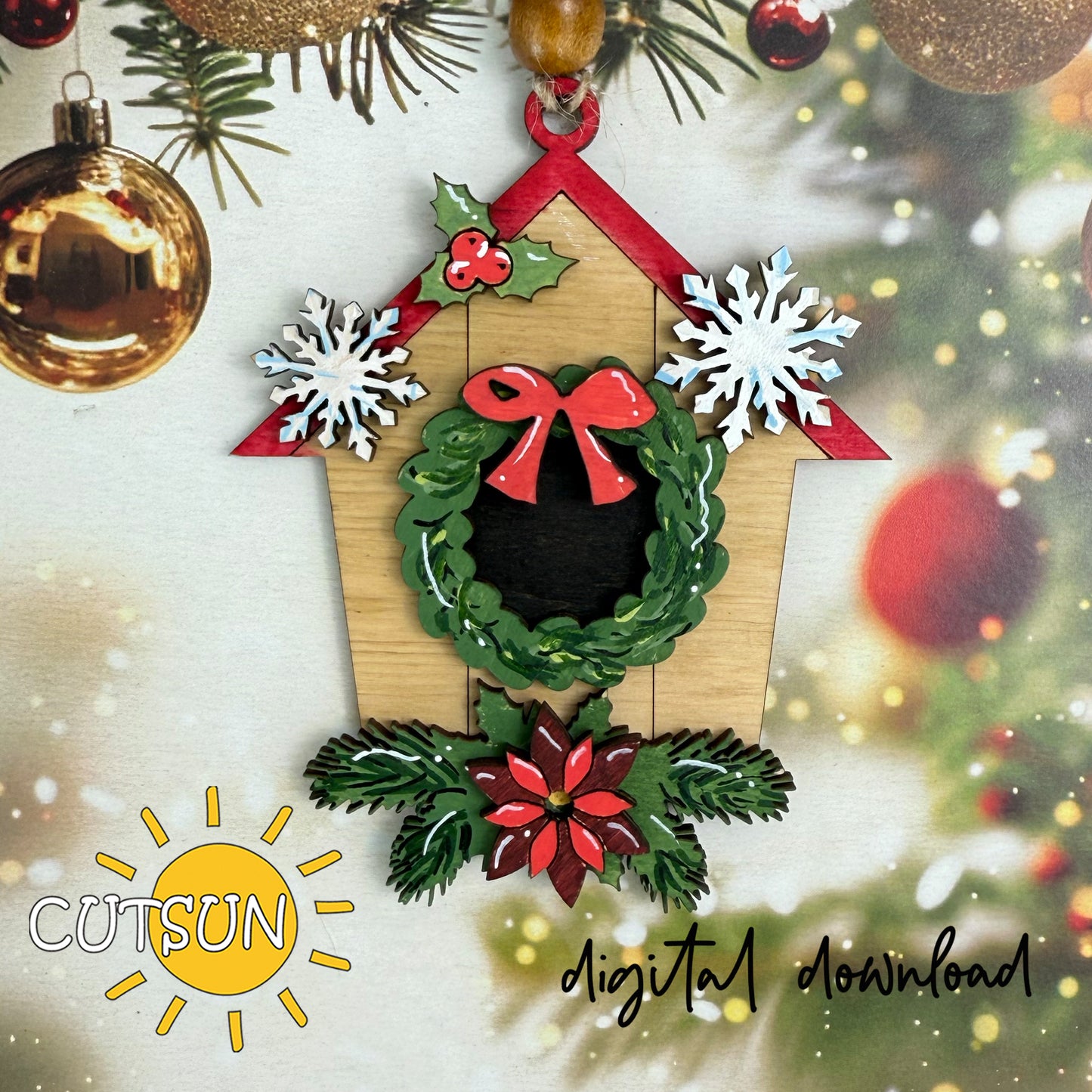 Decorative Christmas ornament with a wreath and bow on a blurred festive background