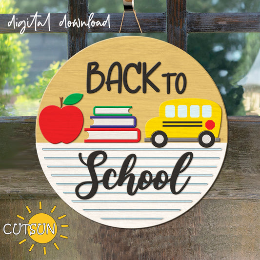 Back to School Round Sign SVG | Classroom Decor SVG featuring an apple, set of books and a school bus. With a patterned bottom - a notebook pattern.