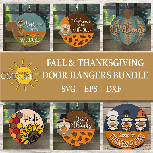 A collection of six Fall and Thanksgiving themed door hanger designs with a squirrel, gnome, sunflower, and pumpkin, and text that includes 'Welcome to the Nuthouse', 'Gnome for Thanksgiving', 'Thanksgiving', and 'Give Thanks'.