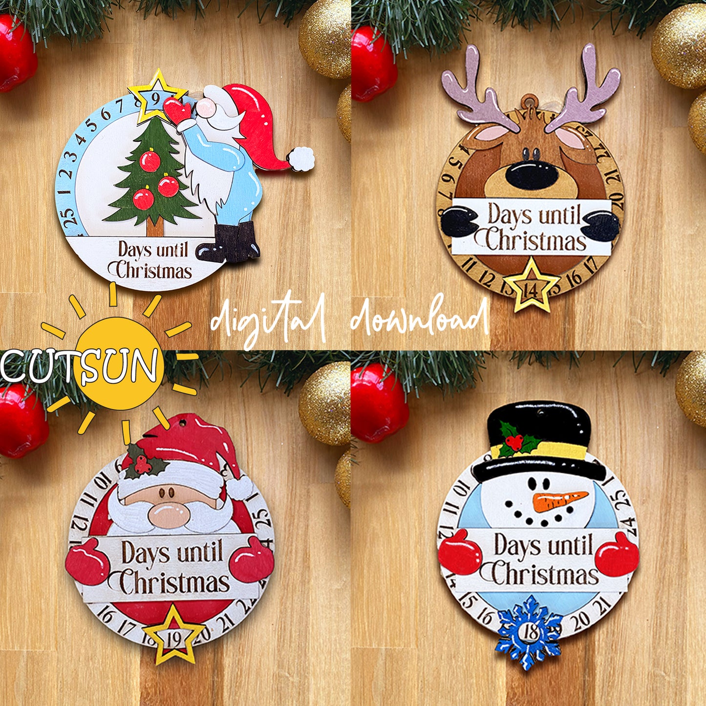 Digital download for a bundle of countdown Christmas ornaments featuring a gnome, a deer, Santa and a Snowman.
