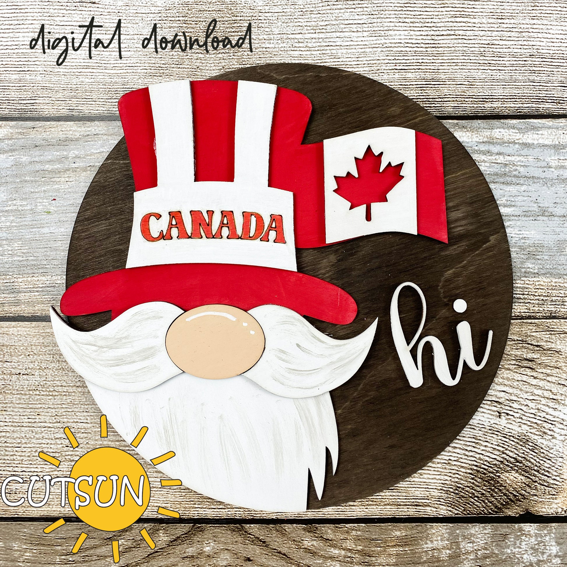 A digital downloadable door hanger featuring a round shape with a gnome design, a red hat, and a Canadian flag. Text on the image reads 'Digital Download' and there is a logo for 'Cutsun'.