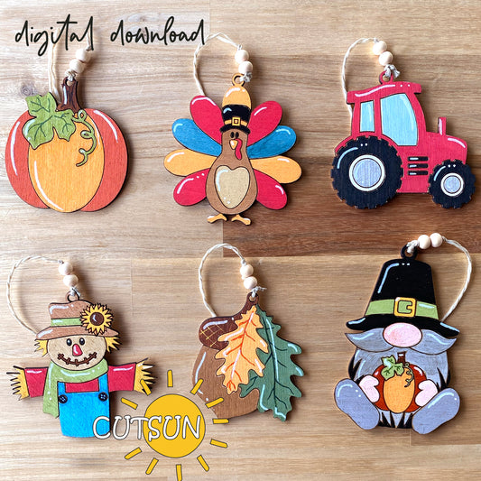 Fall Car Charms SVG Bundle | Thanksgiving Car Ornaments Laser Cut File | Autumn Car Decor SVG