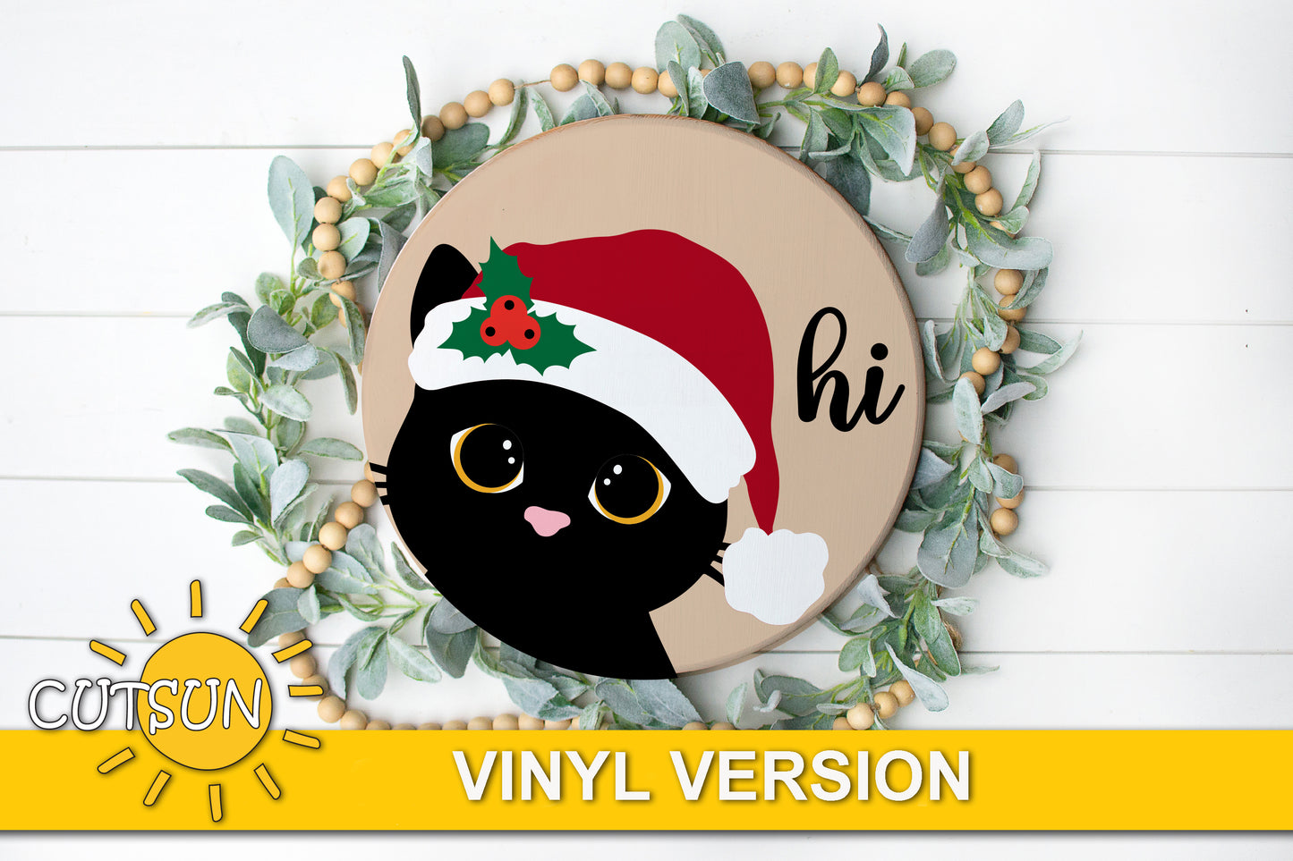 Cat Christmas door hanger Cat with Santa hat svg Laser cut file