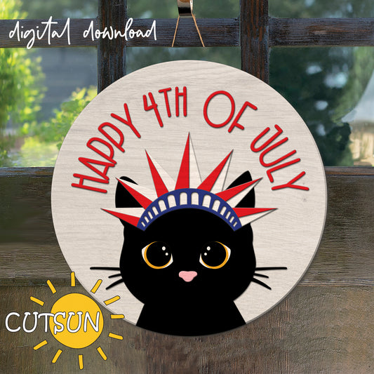 Celebrate Independence Day in style with this Happy 4th of July Door Hanger SVG, featuring a patriotic cat wearing a Statue of Liberty crown for a fun and festive front door decor piece.