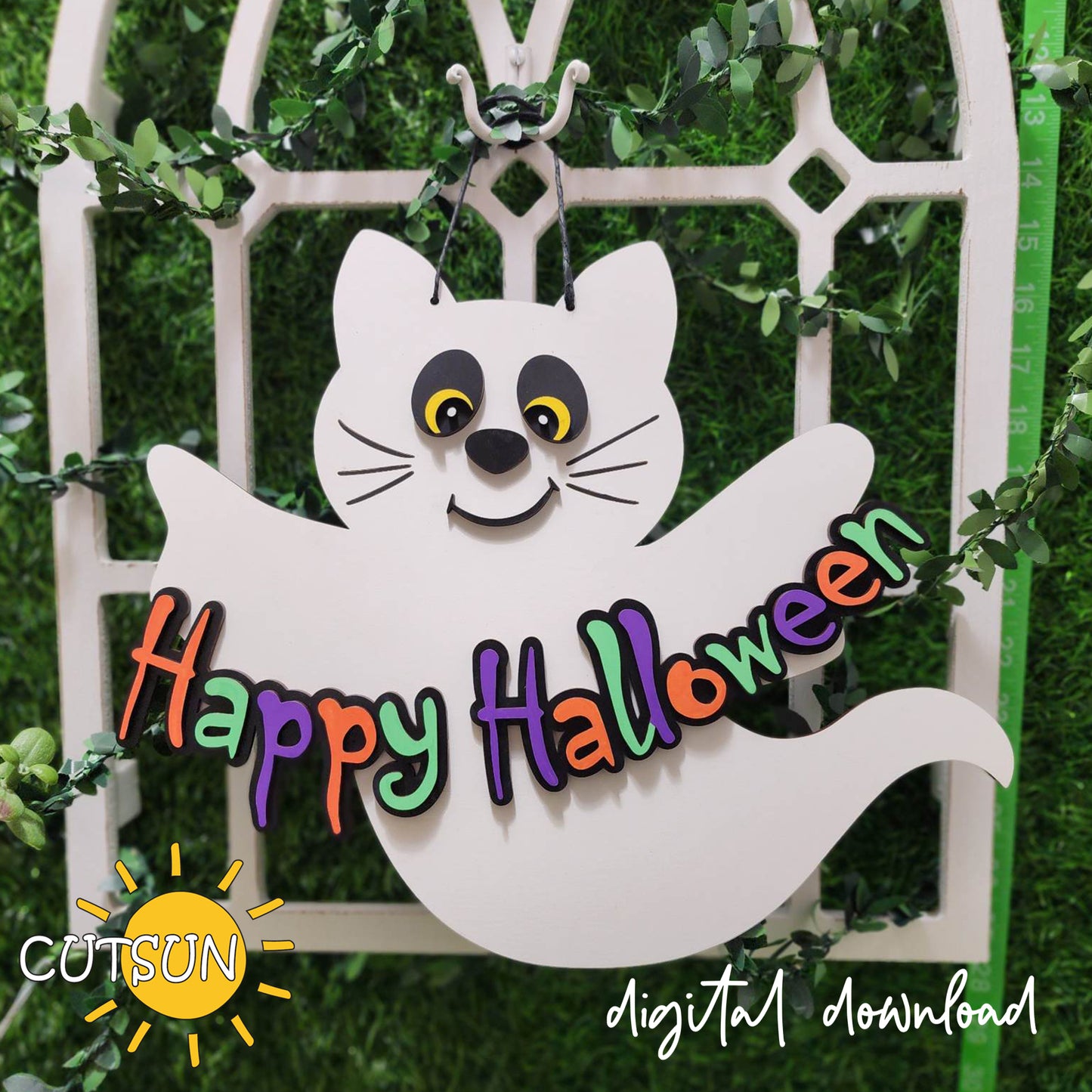 Cat Halloween Door Sign SVG | Halloween Door Hanger SVG | Ghost Cat Welcome Sign | Spooky Front Door Decor | Laser Cut File