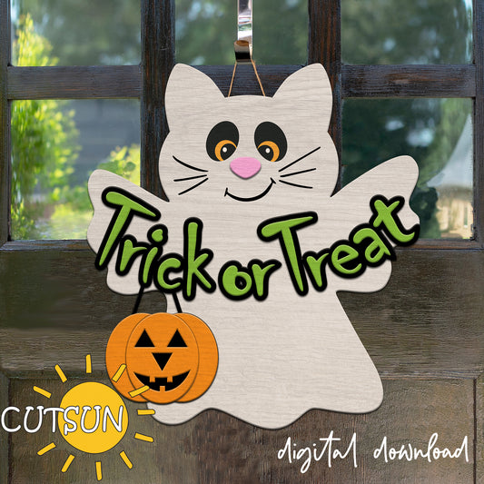 Digital download for a Halloween door hanger featuring a cat dressed like a ghost, holding a banner with the text "Trick or treat" and a cute JackOLantern.