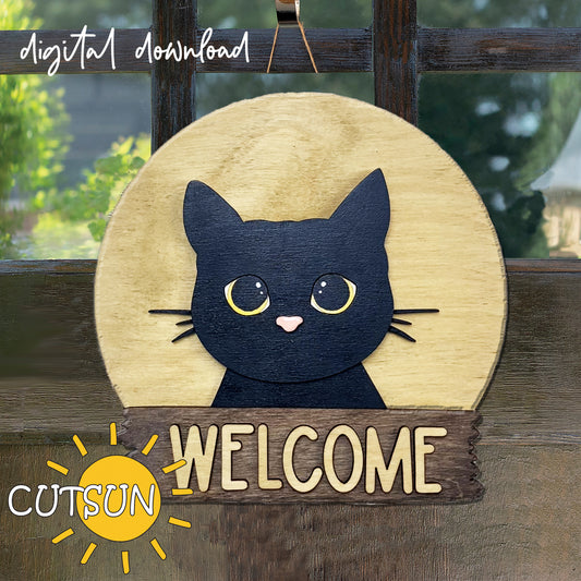 Cat door hanger SVG round interchangeable sign base for laser cutters; digital file for customizable cat welcome signs with or without add-ons.