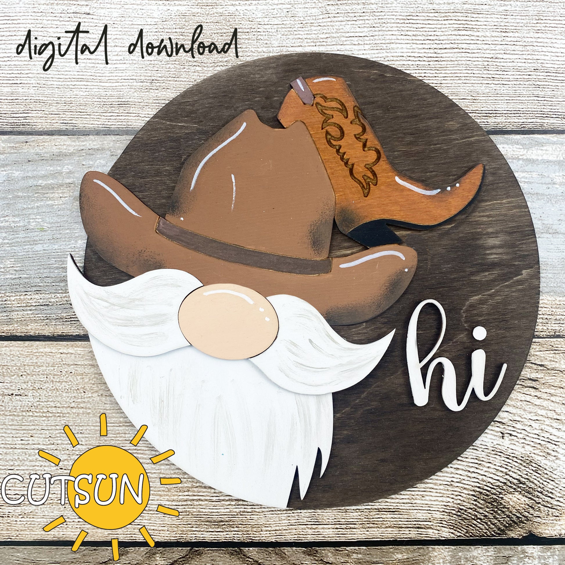 A digital illustration of a round gnome door hanger with a cowboy hat and boot, and the text 'HI' on a wooden background. The image indicates a digital download is available.