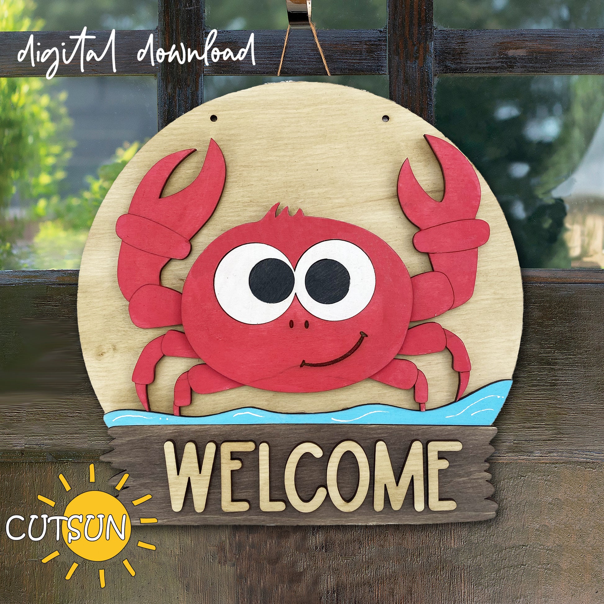 A digital download of a door hanger featuring a colorful crab design with the word 'Welcome' on a wooden background.