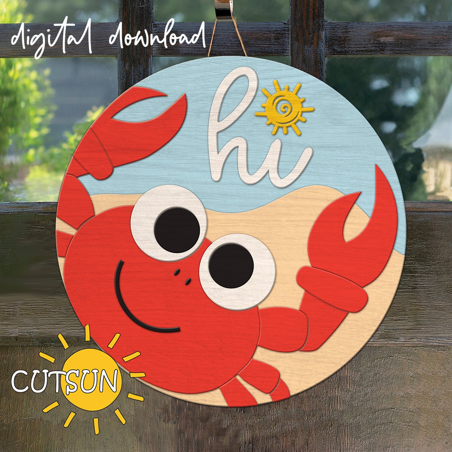 Round laser-cut door sign featuring a smiling red crab waving with the word “hi” and a small sun above, set against a beach background.