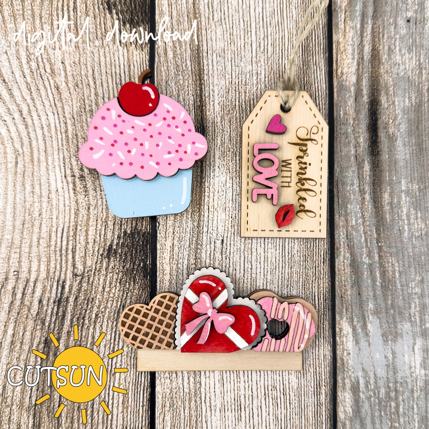 Valentine Interchangeable Cutting Board Decor SVG | Shelf Sitter Shelf Decor SVG | Cupcake “Sprinkled with Love” Laser Cut File