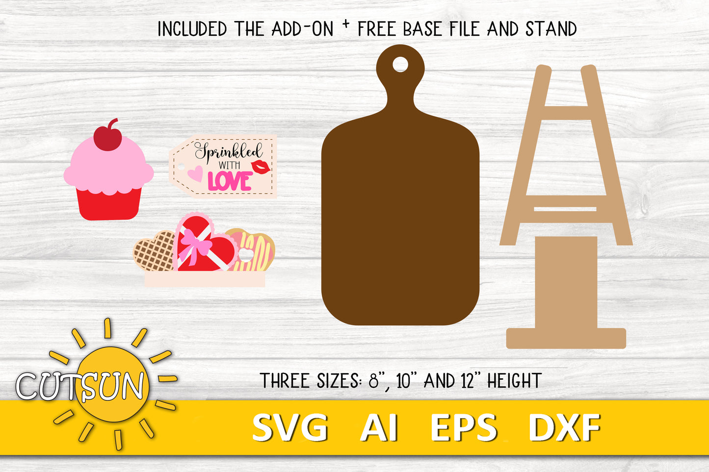 Valentine Interchangeable Cutting Board Decor SVG | Shelf Sitter Shelf Decor SVG | Cupcake “Sprinkled with Love” Laser Cut File