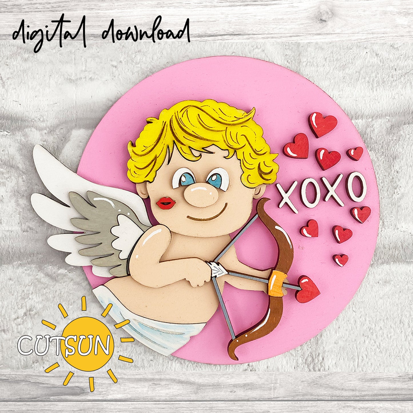 Cute cartoon cupid with bow and arrow on a pink circle with 'XOXO' text, surrounded by hearts, on a light gray background.