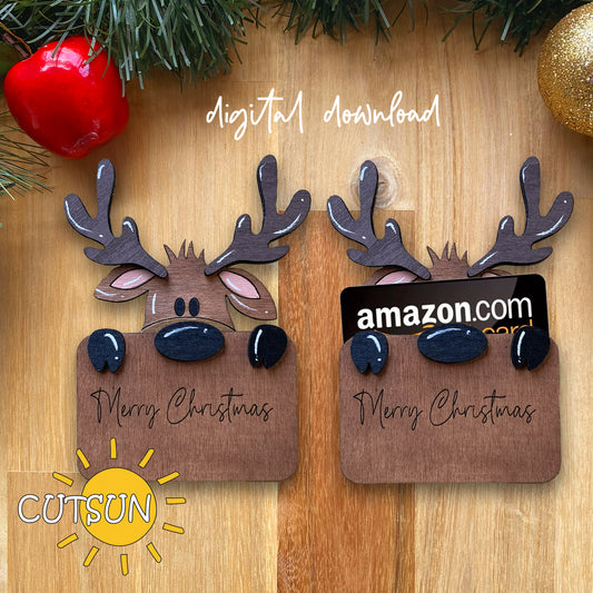Reindeer-shaped gift card holders with 'Merry Christmas'  text - digital download for use with laser cutters.