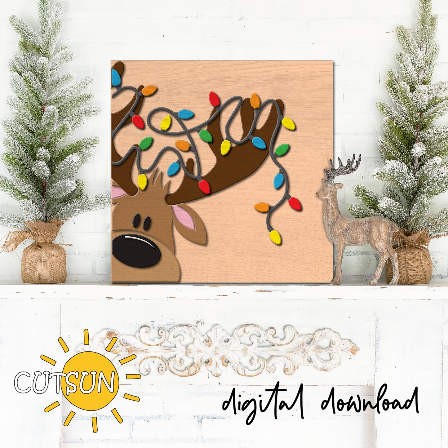 Digital download for a square or rectangle leaning sign featuring a cute reindeer with Christmas lights around its antlers.
