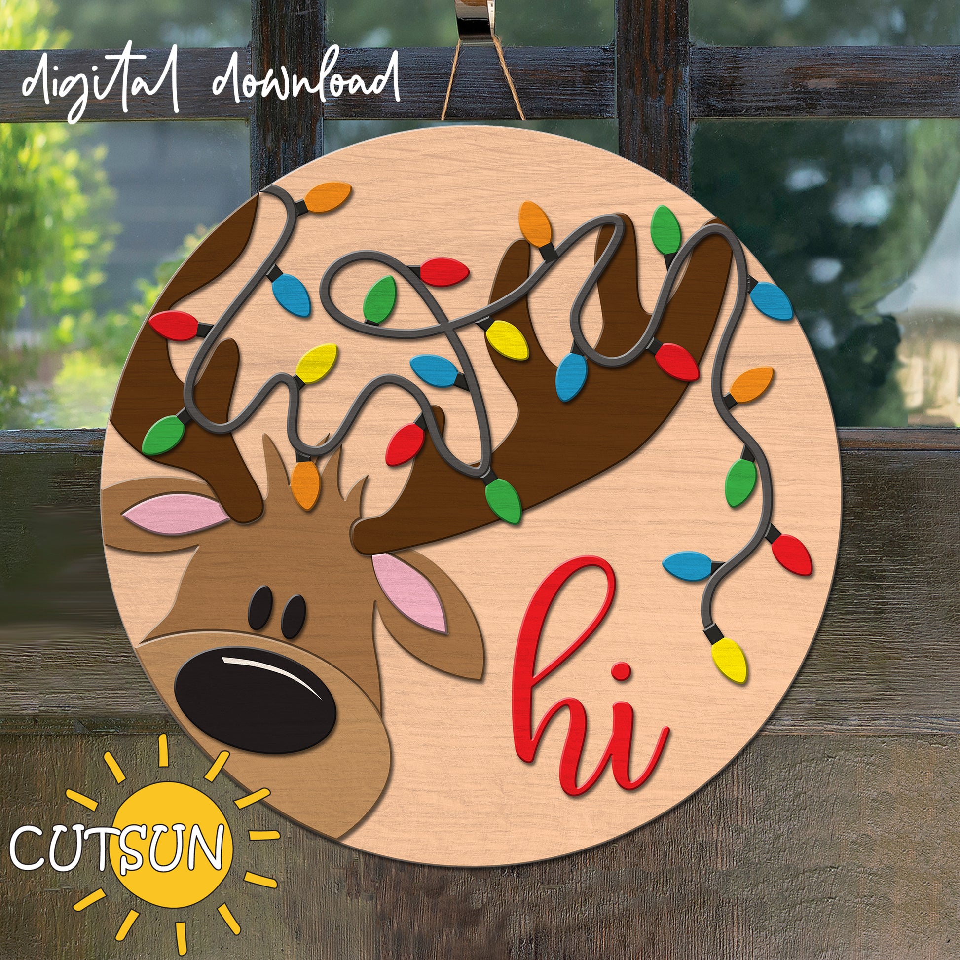 A digital downloadable round Christmas sign featuring a reindeer with Christmas lights and the word 'Hi'.