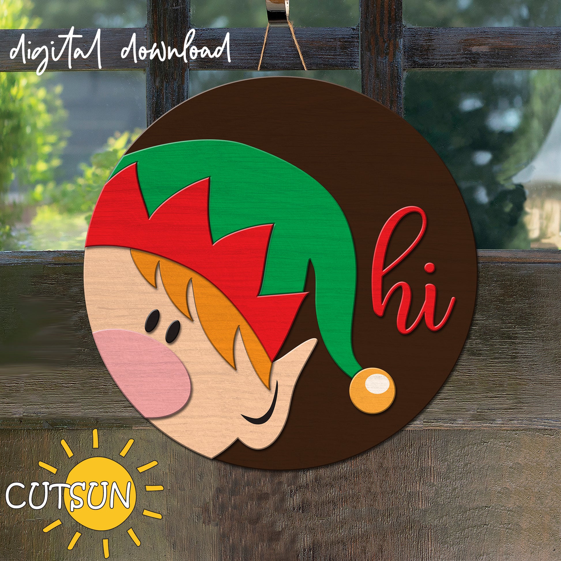 Decorative sign with an elf face and 'hi' text on a wooden background, featuring the brand 'CUTSUN'.