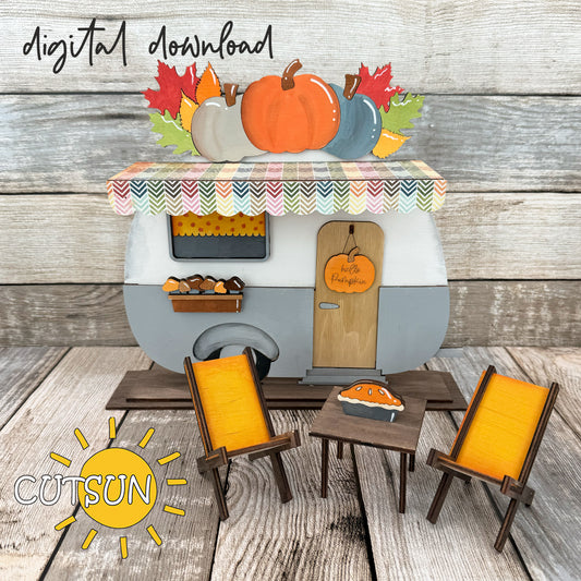 Fall-themed laser cut camper shelf sitter with pumpkins, leaves, and printable awning pattern – digital file for laser cutting