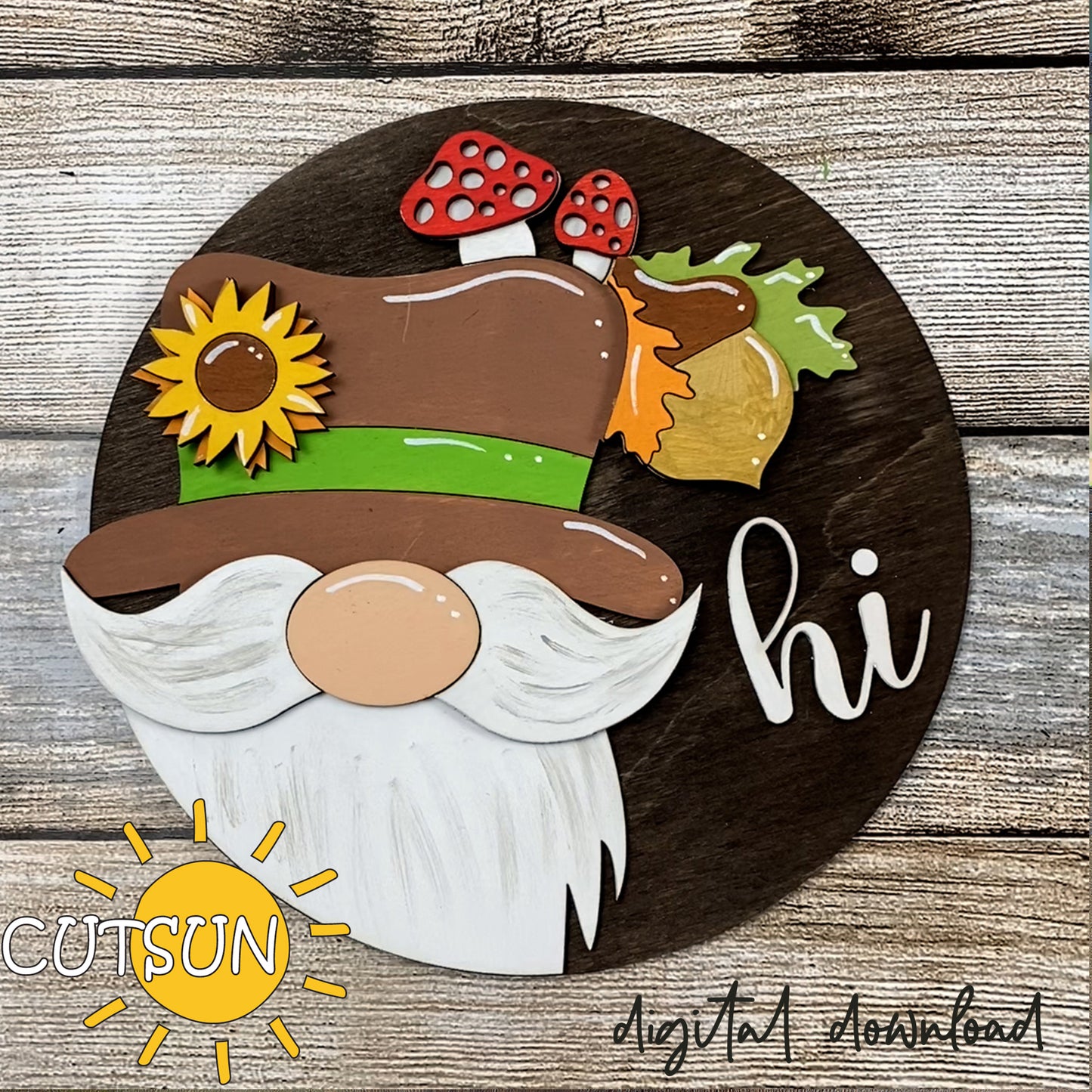 Digital download Round door hanger Interchangeable Gnome with a fall hat with mushrooms, sunflower and an acorn
