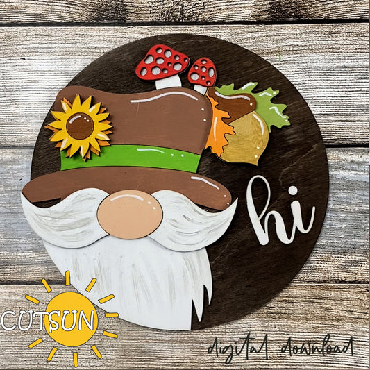 Digital download Round door hanger Interchangeable Gnome with a fall hat with mushrooms, sunflower and an acorn