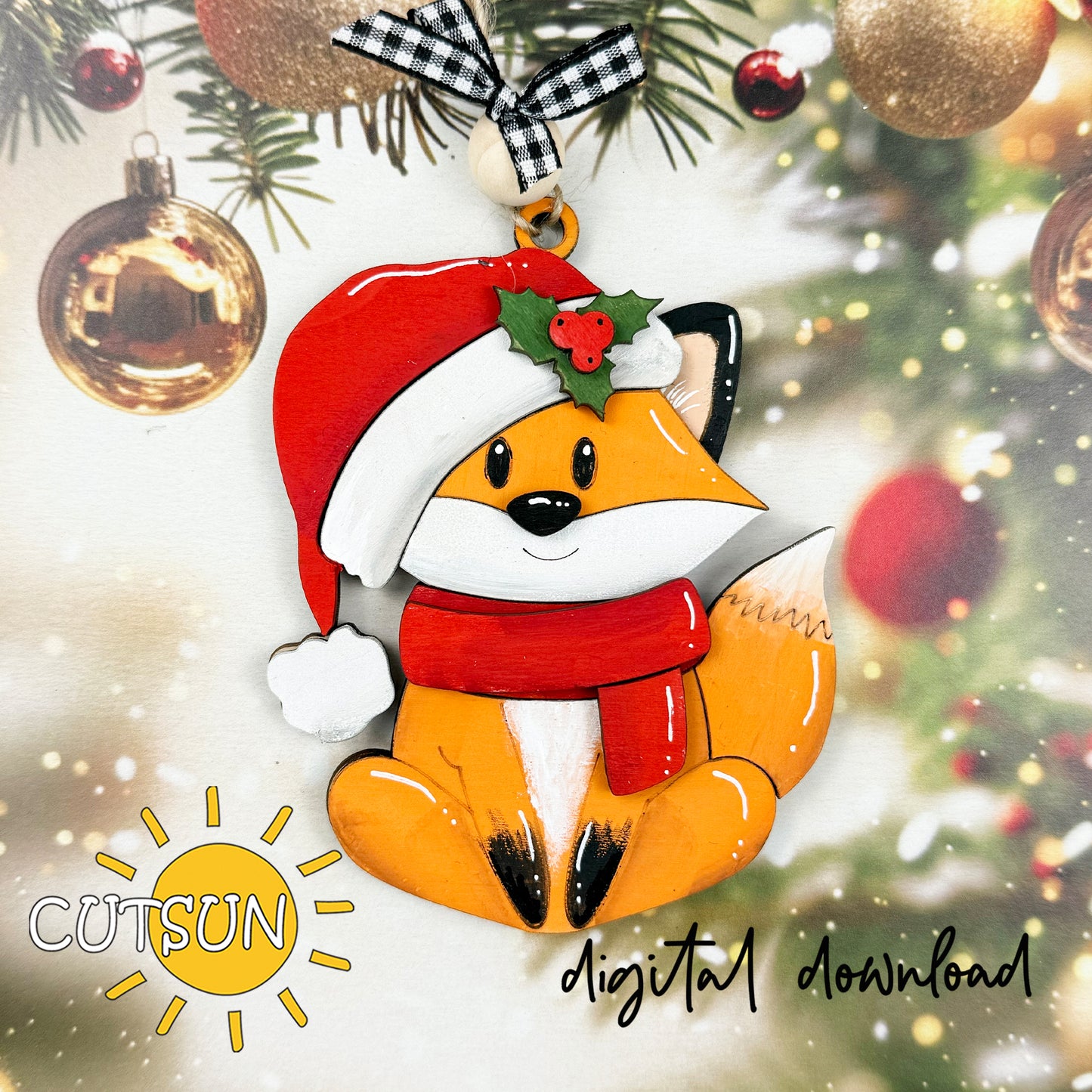 Christmas Fox Ornament SVG – Cute Woodland Laser Cut File with Santa Hat