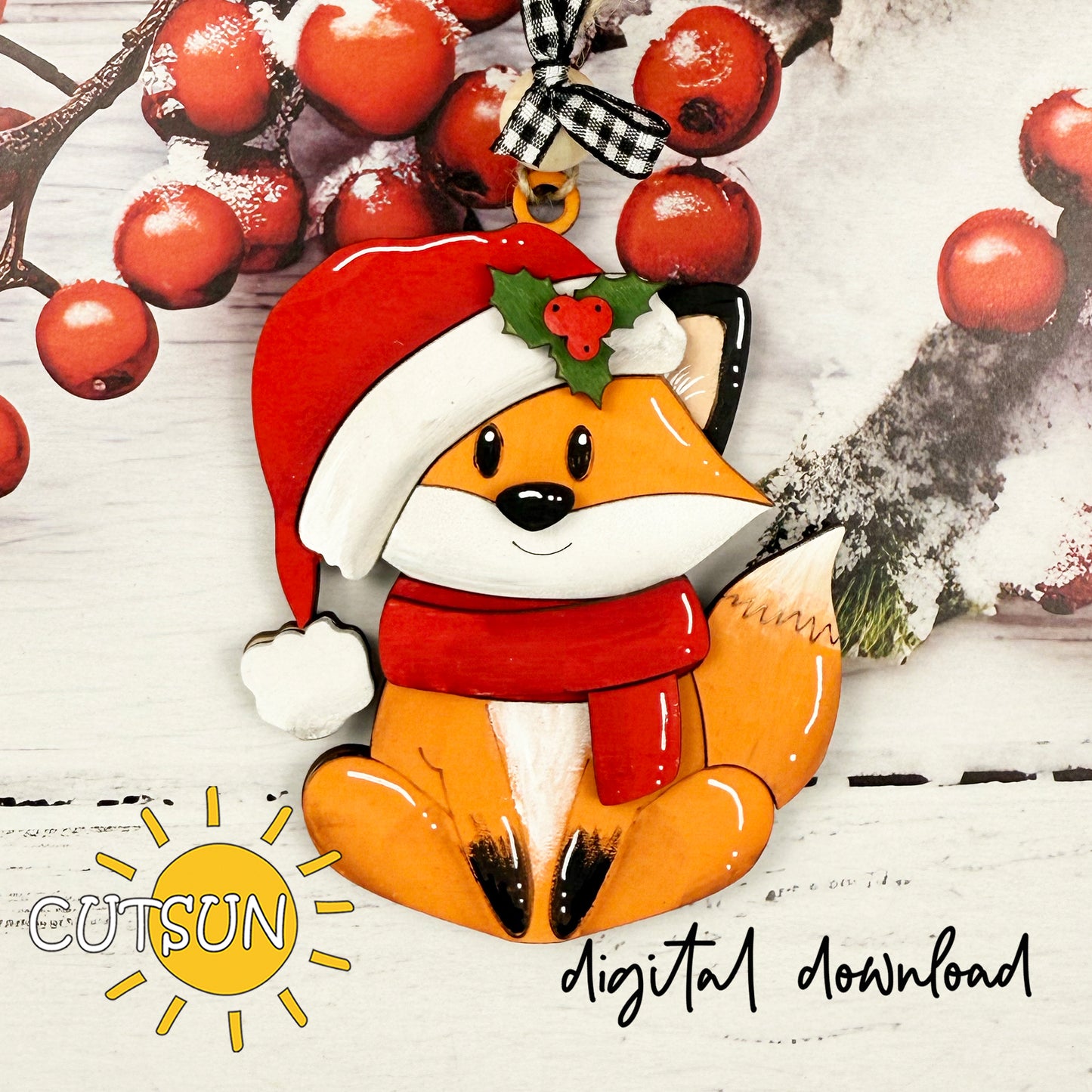 Christmas Fox Ornament SVG – Cute Woodland Laser Cut File with Santa Hat