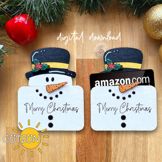 Two snowman-shaped gift card holders with 'Merry Christmas' and 'Digital Download' text, both holding a gift card.