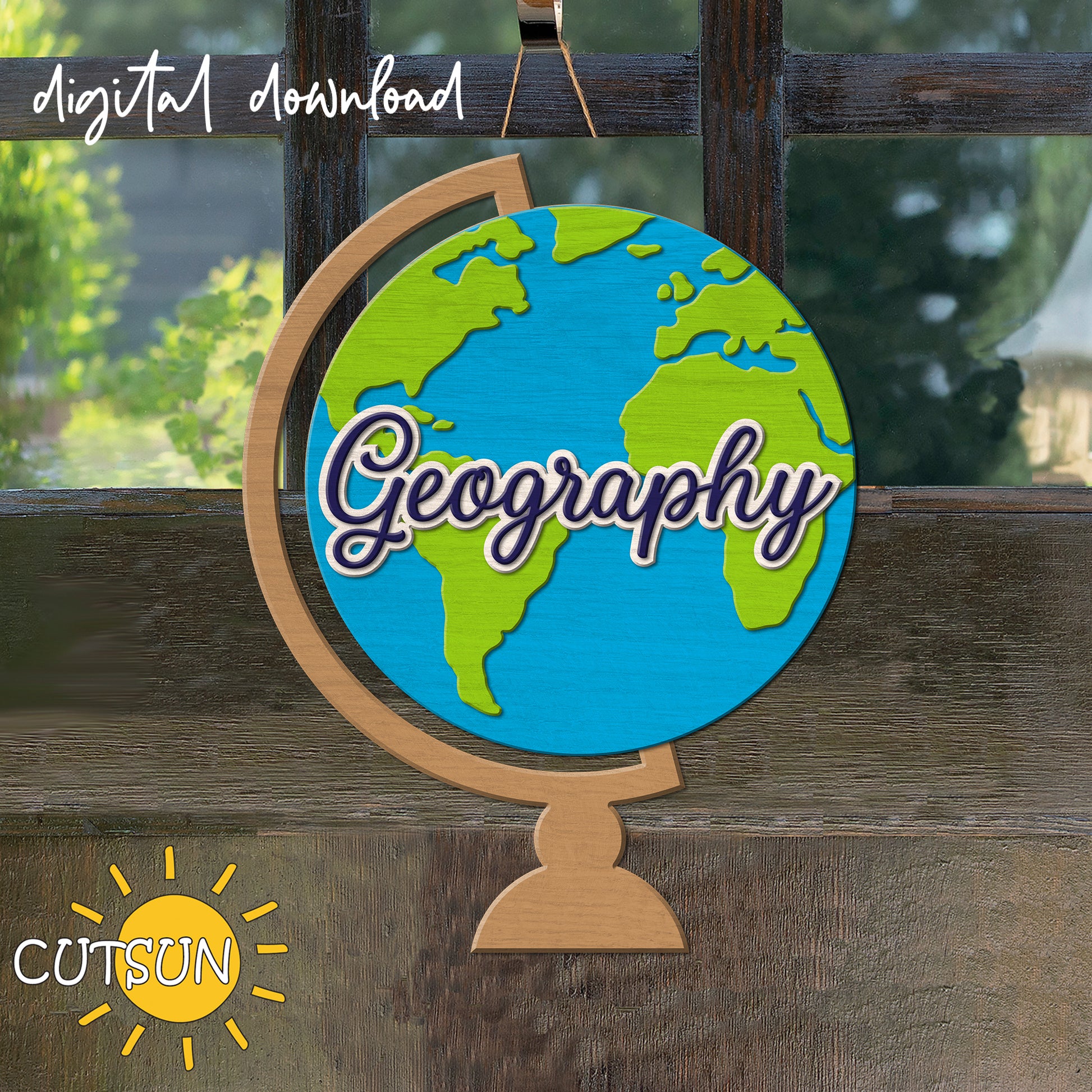 Classroom Door Hanger SVG for laser cutters and Cricut — an educational earth globe design perfect for creating personalized geography teacher or school door decor.