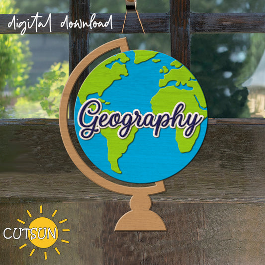 Classroom Door Hanger SVG for laser cutters and Cricut — an educational earth globe design perfect for creating personalized geography teacher or school door decor.