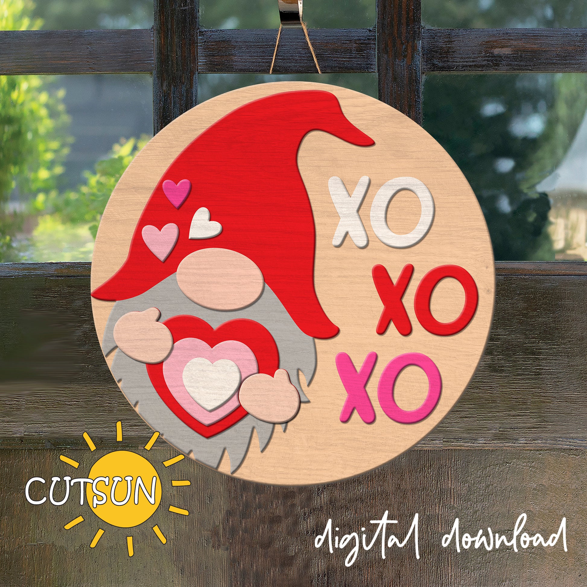 Celebrate the season of love with this Valentine Gnome Door Hanger SVG featuring a whimsical gnome, XO details and a charming front door sign perfect for laser cutting.