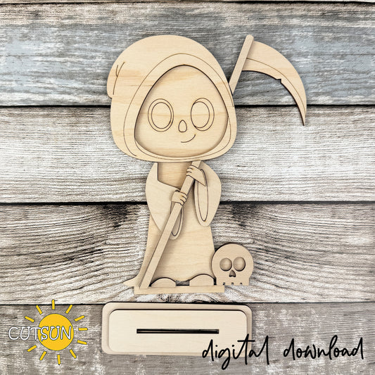 Cute Grim Reaper Shelf Sitter SVG | Halloween Laser Cut File | Freestanding Halloween Decor