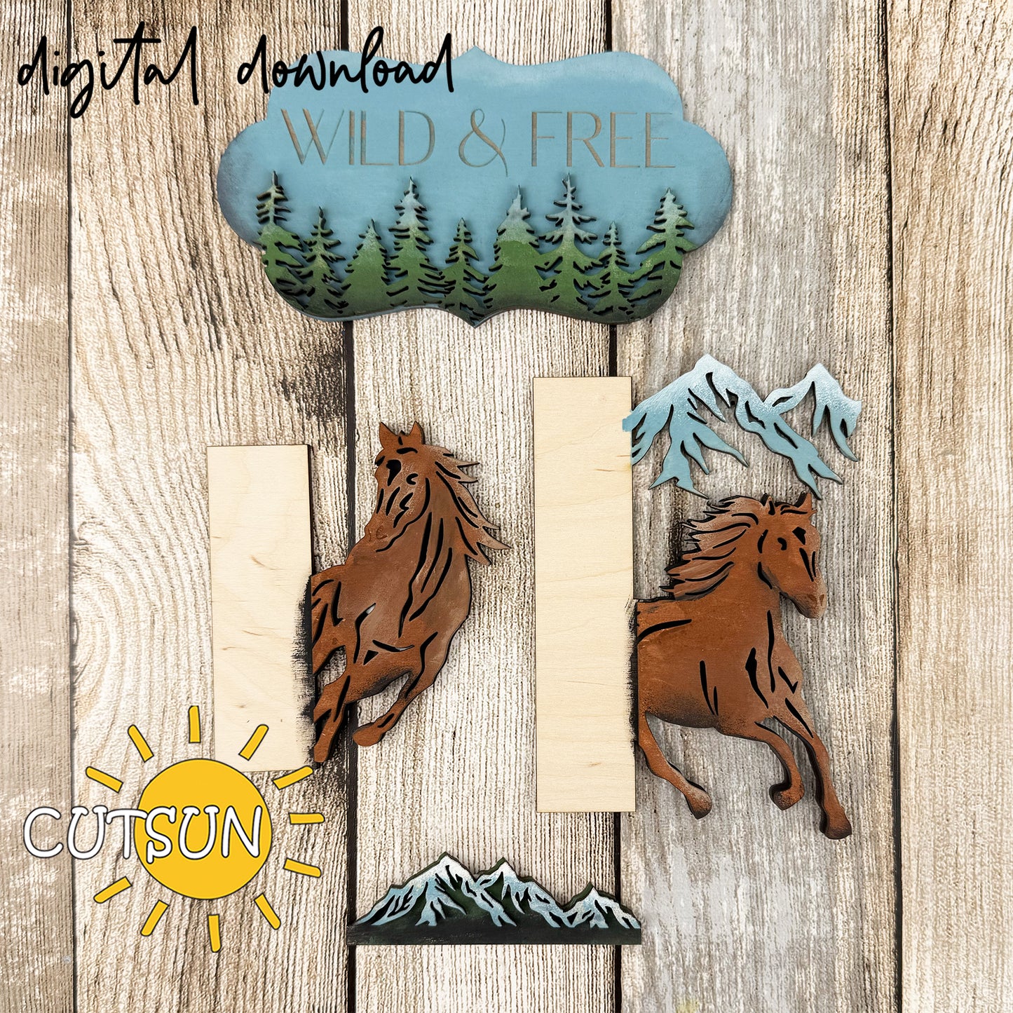 Wild Horses Porch Sign SVG – Interchangeable Rustic Add-On with Free Vertical Leaner for Laser Cutters