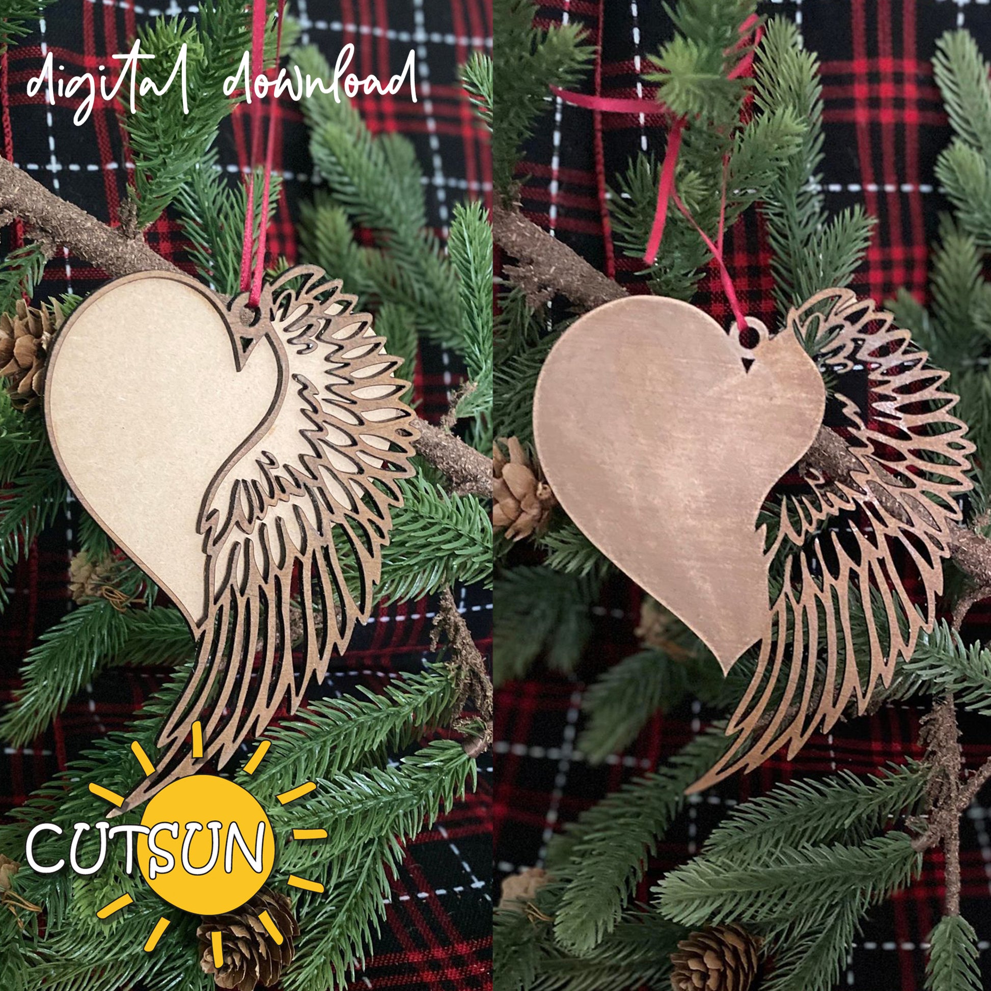 A digital download of a Christmas ornament design, featuring a heart and wing silhouette with a quote, customizable in size and color, displayed against a plaid background.