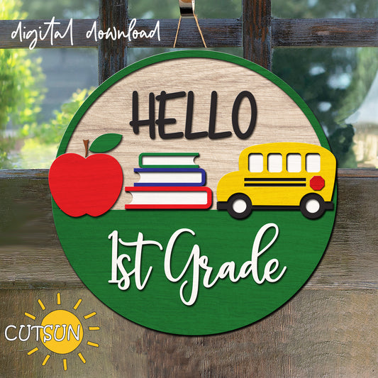 Create cheerful back-to-school vibes with this Hello 1st, 2nd & 3rd Grade Door Hanger SVG—perfect classroom decor and teacher door sign for fall.