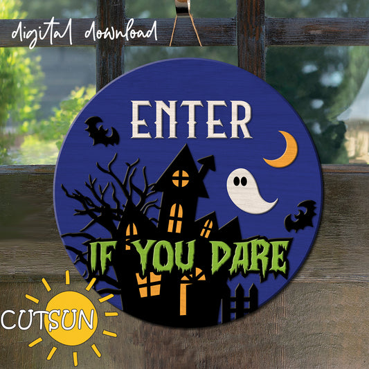 A digital door sign with a haunted house design, bats, moon, and the text 'ENTER IF YOU DARE!' indicating a Halloween theme.