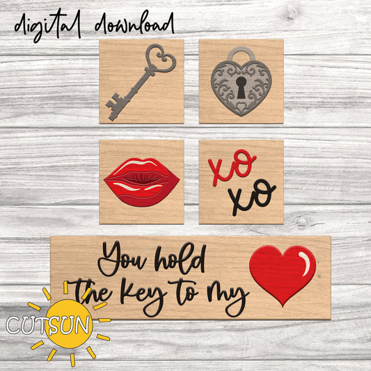 Set of wooden leaning signs with key, heart lock, lips, 'Xo Xo', and romantic quote on a wooden background.