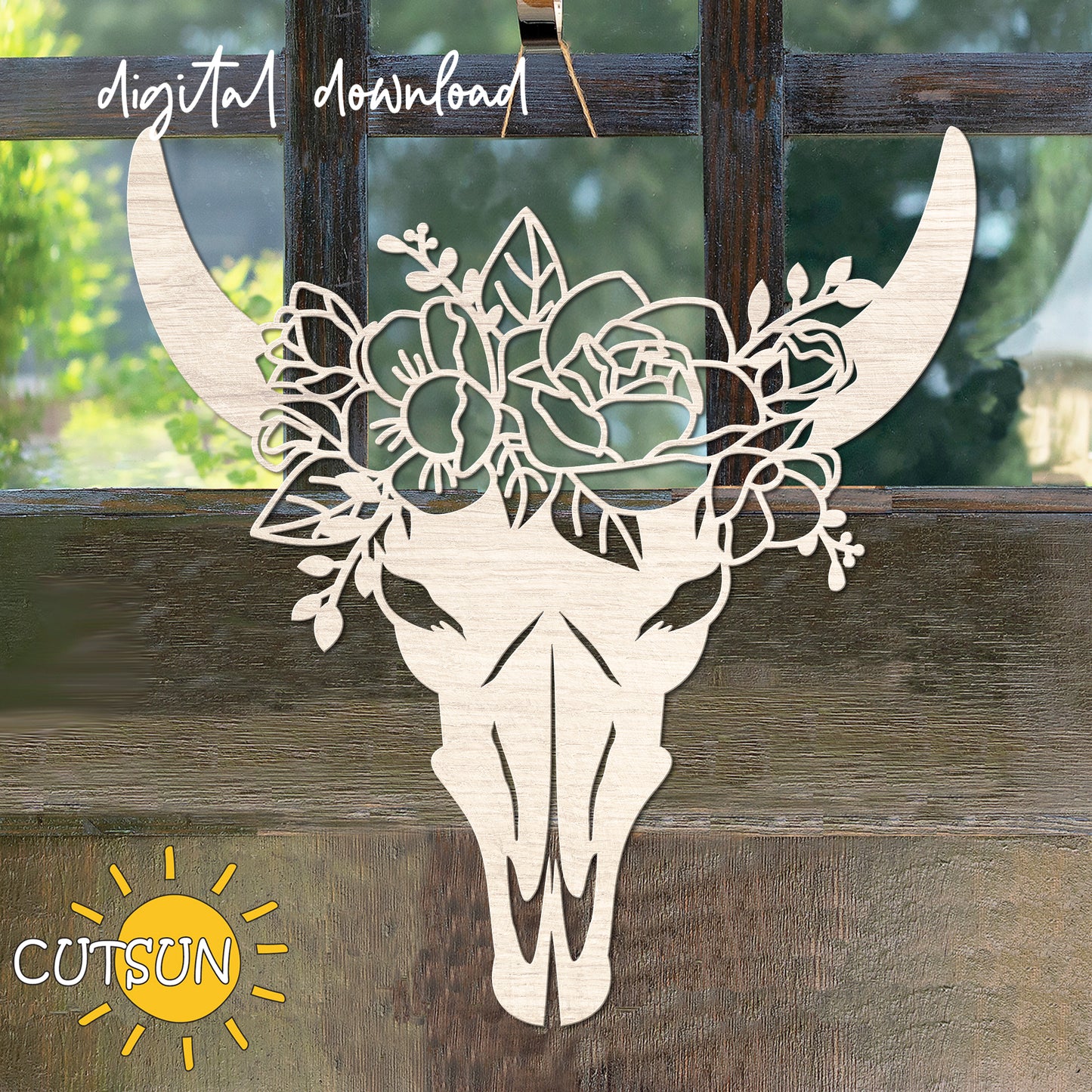 Floral Cow Skull Door Hanger SVG | Boho Western Welcome Sign | Laser Cut File for Rustic Home Decor